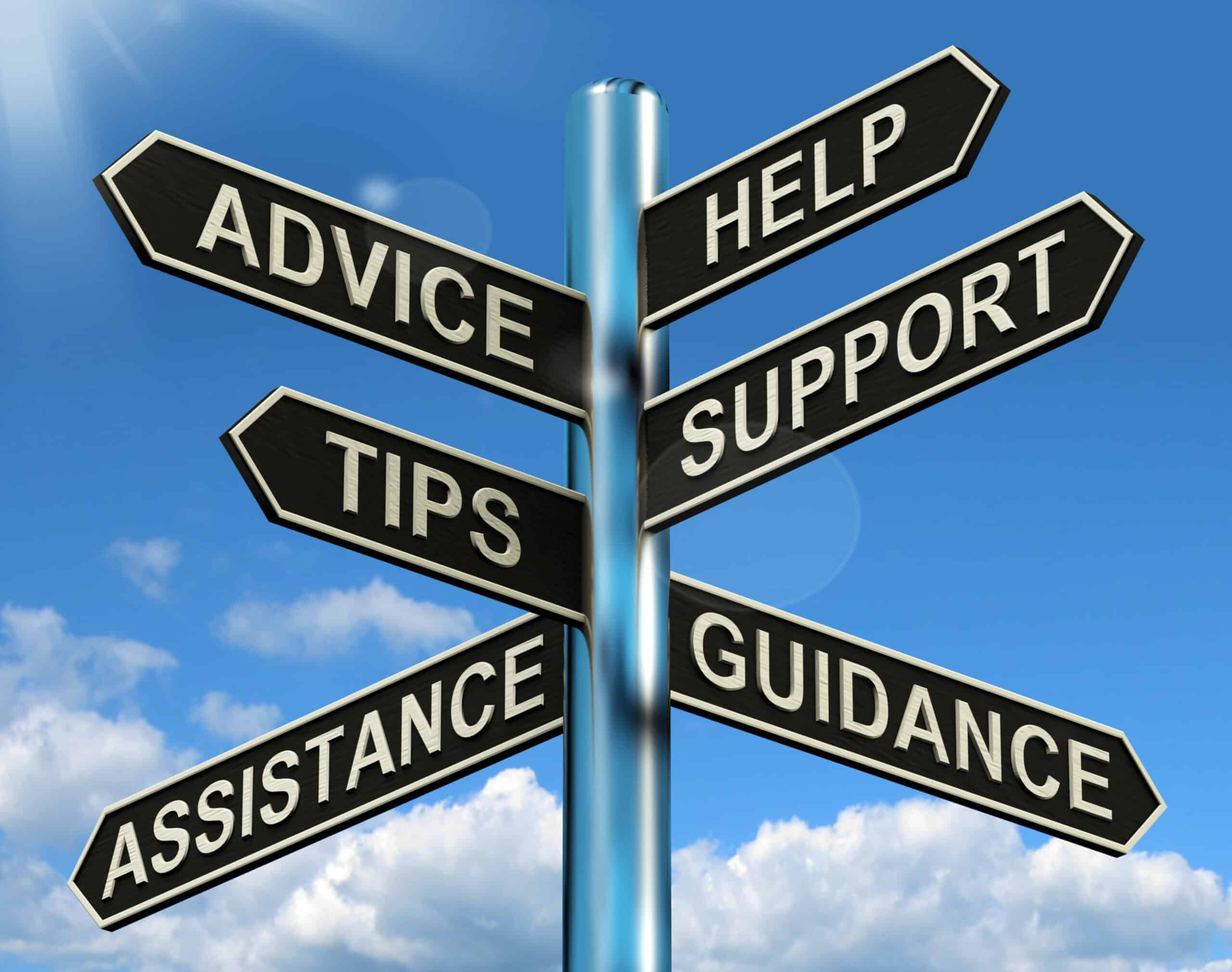 Advice Help Support And Tips Signpost Shows Information And Guidance
